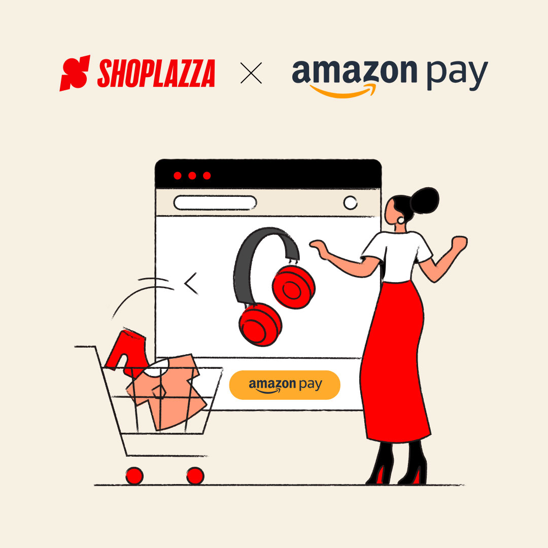 Shoplazza and Amazon Pay cover image, with an illustration of a customer selecting products in a big screen.