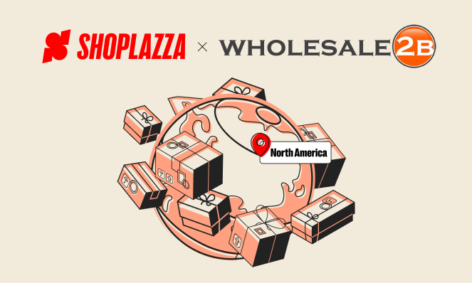 The logos of Shoplazza and Wholesale2B with an illustrated world map with delivery boxes around the globe, representing dropshipping business. There is a pin with the tag 