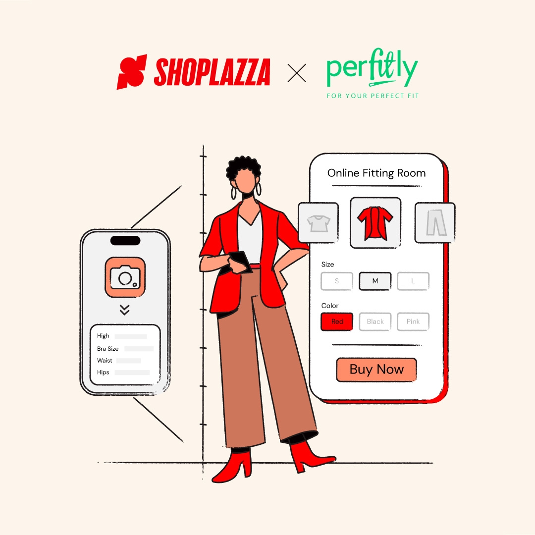Shoplazza and Perfitly's logos with an illustration of a woman trying a online fitting room on her celphone.